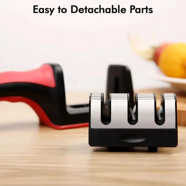Manual Red Knife Sharpener 3 Stage Sharpening Tool For Ceramic Knife And Steel Knives.