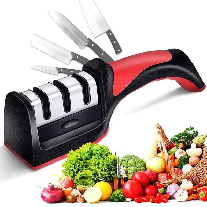 Manual Red Knife Sharpener 3 Stage Sharpening Tool For Ceramic Knife And Steel Knives.